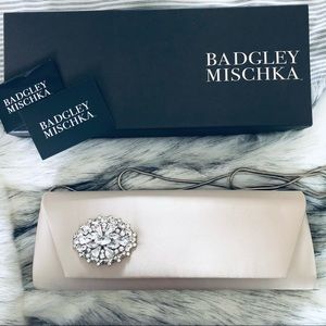 BADGLEY MISCHKA | Cape Silk Satin Jeweled Clutch in Nude▪️Last one▪️